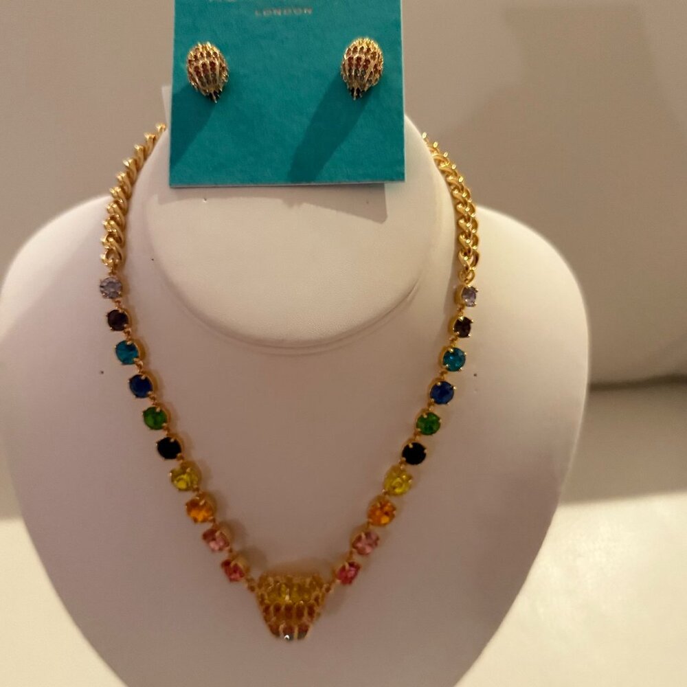 Kurt Geiger Necklace Eagle Head Gold Tone Pave Multicolored Crystals & EARRINGS